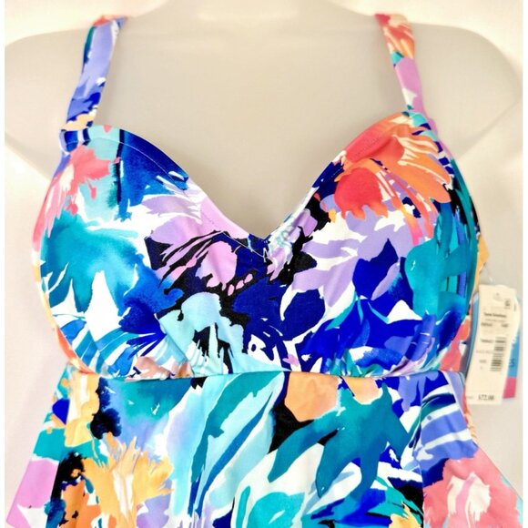 Swim Solutions Triple Tier Colorful Floral Printed Tankini Swim Top, US 8 NWT - Picture 2 of 9